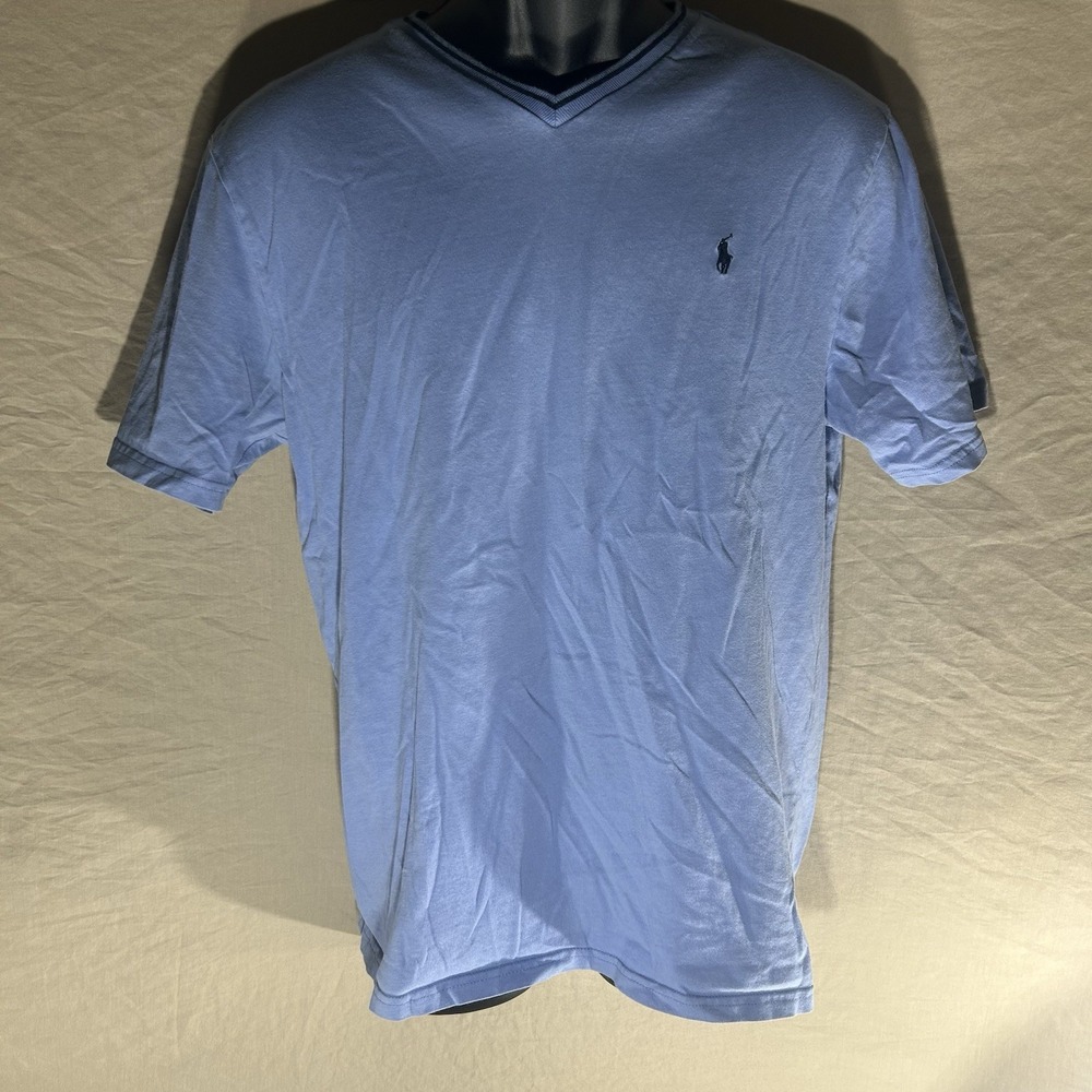Polo Ralph Lauren V-Neck T-Shirt Light Blue Medium Striped Collar